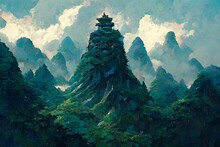 Beautiful AI-generated Digital Artwork Of An Asian-style Temple Surrounded By Mountains And Clouds