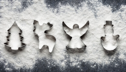 Poster - Various metal shape for christmas cookies on flour top view. Bakery background