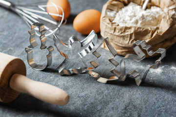 Poster - Set various metal shapes for cooking homemade christmas cookies close-up. Bakery background