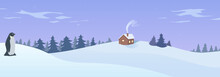 The Winter Landscape With House And Penguin. Vector Eps