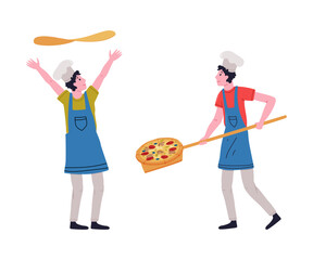 Sticker - Man Pizzaiolo in Toque Throwing Dough in the Air and Carrying Shovel Cooking Pizza Vector Set