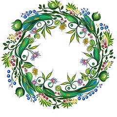 Wall Mural - Slavic,floral ornament. Isolated on white. Circle frame made of branches with leaves.