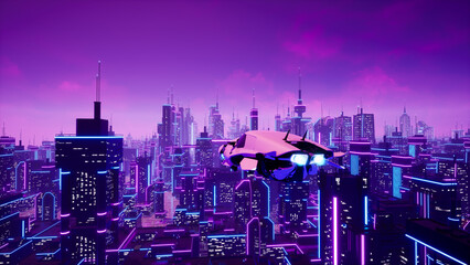 Wall Mural - Futuristic transport vehicle with metaverse city. 3d render