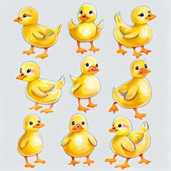 Wall Mural - Watercolor illustration, of cute yellow ducklings in different poses sitting and standing, isolated on white background. Bright, colorful illustration in a children's flat, cartoon style.
