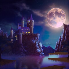 Wall Mural - 3D rendering of an epic castle scenery with full moon in majestic night sky and highly detailed natural environment landscape.