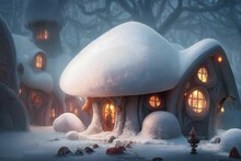 3D Render Of A Mystical Fairy Tale Village With Illuminated Cottages And Cabins Covered In Snow