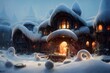3D render of a mystical fairy tale village with illuminated cottages and cabins covered in snow