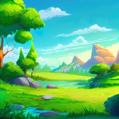 Poster - cartoon illustration image of natural scenery and green grass