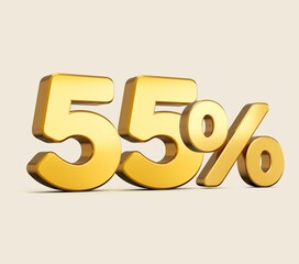 Canvas Print - 3d illustration of golden number 55 percent isolated on beige background with shadow