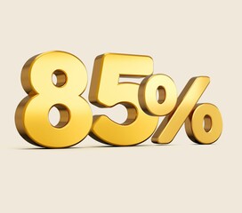 Sticker - 3d illustration of golden number 85 percent isolated on beige background with shadow