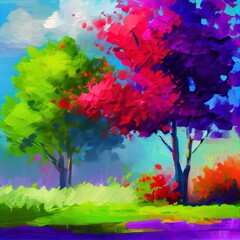 Sticker - Abstract colorful oil painting landscape on canvas. Green, purple and red leaves tree with blue sky. Spring ,summer, autumn seasons nature background. Hand painted impressionism style