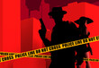 3d render noir crime illustration of armed detective silhouette in hat and jacket with sexy spy lady in dress with gun on red colored cityscape background with yellow police lines.