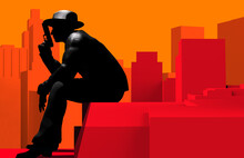 3d Render Illustration Of Detective Or Mobster In Hat, Jacket And Gun Sitting On Toon Red Colored Cityscape Background.