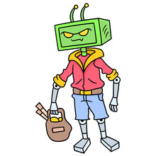 Digital Illustration Of A Cute Green Computer Robot Character On A White Background