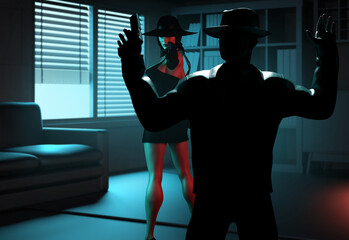 3d render noir illustration of sexy lady in black dress and hat holding gun and aiming at detective or mobster in dark room background.