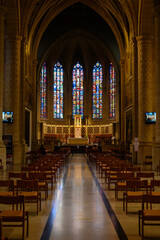Wall Mural - The central altar and stained-glass windows above it in the Notre-Dame de Luxembourg (the Notre-Dame Cathedral in Luxembourg).
