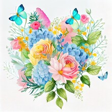 Watercolor Floral Bouquet Illustration With Butterfly, Blush Pink Blue Yellow Vivid Flowers, Green Leaves, For Wedding Stationary, Greetings, Wallpapers, Fashion, Backgrounds, Textures.