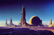 Futuristic science fiction digital matte painting featuring an alien city on a faraway planet.