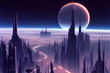 Futuristic science fiction digital matte painting featuring an alien city on a faraway planet.