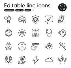 Set of Science outline icons. Contains icons as Chemistry pipette, Calendar time and Time management elements. Sick man, Chemistry lab, Artificial intelligence web signs. Energy. Vector