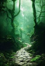 A Beautiful Path Leading Into A Mysterious Forest. Fantasy Art Matte Painting.