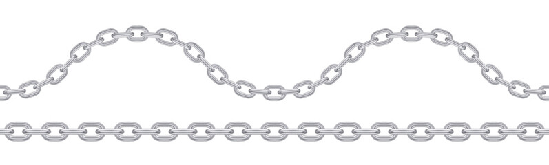 seamless silver chain. realistic vector wavy and straight chains.