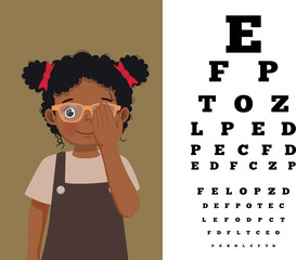 Wall Mural - Cute little African girl with eyeglasses cover her eye having vision test reading block letters at ophthalmologist office