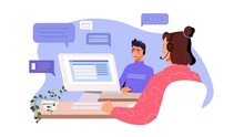 Customer Support Service Operators. Moving Man And Woman Hotline Employee In Headphones Respond To Customer Requests And Solve User Problems. Technical Assistance. Flat Graphic Animated Cartoon