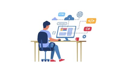 Programmer at work video concept. Moving male digital engineer or coder develops software on computer using different programming languages. Innovative technologies. Flat graphic animated cartoon