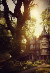 Wall Mural - Hyper realistic illustration of a magical castle in a green forest with a huge tree