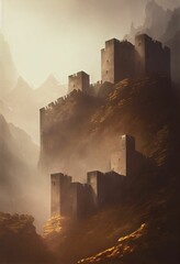 Sticker - Hyper realistic illustration of a castle on high rocky mountains covered in fog