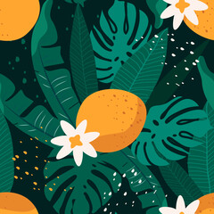 Wall Mural - vector seamless pattern with oranges and tropical leaves
