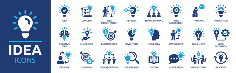 idea icon set. creative idea, brainstorming, solution, thinking and innovation icons. lightbulb with