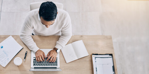 Business man, home office and computer working of a digital employee in a house busy. Businessman email above view, web research and website of online accounting manager planning a financial project