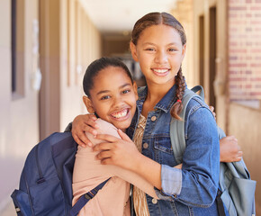 Canvas Print - School, friends and portrait of children hugging in hallway excited for class, learning and lesson in primary school. Education, friendship and young girl students embrace, smile and happy together