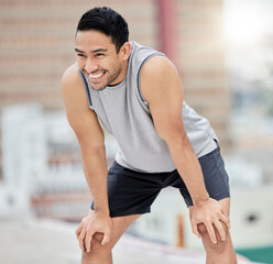 Wall Mural - Fitness break, rest and happy man, city exercise and workout and motivation for fitness, body training and healthy lifestyle outdoors. Smile, tired and urban athlete breathing after sports challenge