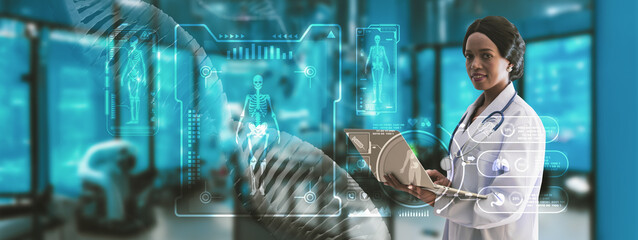 Wall Mural - women doctor or scientist holding smart computer equipment,molecular and dna structure and atom,cell