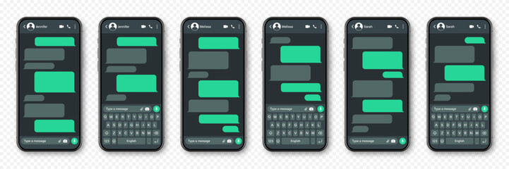 Realistic smartphone with messaging app. Blank SMS text frame. Conversation chat screen with green message bubbles. Social media application. Dark mode. Vector illustration