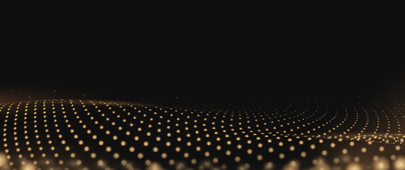 Fototapete - Gold dot lights wavy pattern with a black background. Luxury lights abstract the scene. Vector illustration