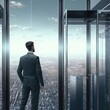 © SCHRÖDER - Illustration about businessman looking at cityscape in elevator. Made by AI. Ultra high resolution.
