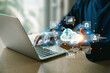 © A Stockphoto - Bussiness  hand using cloud computin Storage and data transfer Cloud network , Cloud technology. Networking and internet service concept.