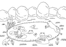 Funny Frog Pond Graphic Black White Landscape Sketch Illustration Vector