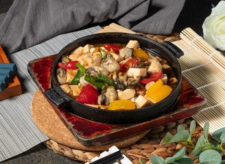 Sizzling Fresh Oysters served in dish isolated on table top view of chines food