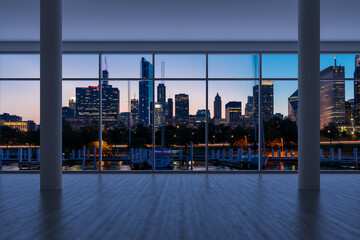 Downtown Chicago City Skyline Buildings from High Rise Window. Beautiful Expensive Real Estate overlooking. Epmty room Interior Skyscrapers View in Penthouse Cityscape. Night. 3d rendering.