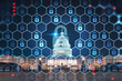© VideoFlow - Front view, Capitol dome building at night, Washington DC, USA. Illuminated Home of Congress and Capitol Hill. The concept of cyber security to protect confidential information, padlock hologram