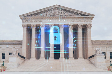 Front view of the iconic building of United States Supreme Court at day time, Washington DC, USA. Judicial branch. The concept of cyber security to protect confidential information, padlock hologram