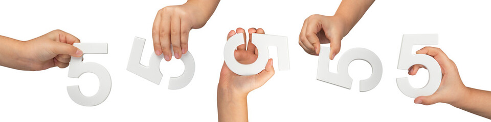 Aufkleber - Number five in hand isolated on black background. Number five in the hand of a child holding on a black background png. Large set of hands with numbers to insert into a project or design