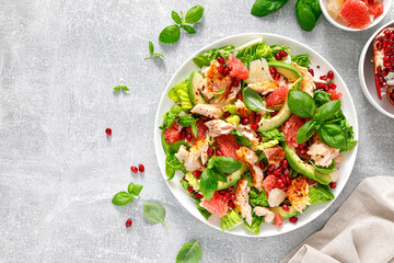 Poster - Salad salmon with avocado, grapefruit and pomegranate. Healthy food. Ketogenic, keto or paleo diet lunch bowl. Top view