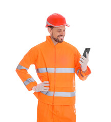 Sticker - Man in reflective uniform with phone on white background