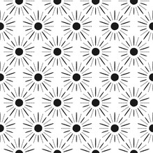 Seamless Ethnic Pattern With Shabby Sun And Rays Silhouette. Black Ornament On White Background. Vector Illustration With Geometric Texture. Solar Print